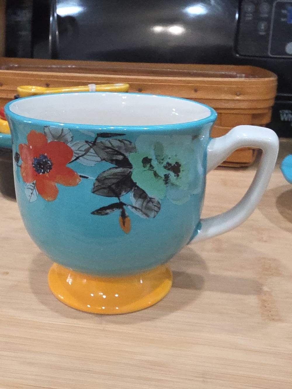 The Pioneer Woman Turquoise Floral Pedestal Mug with Yellow Foot